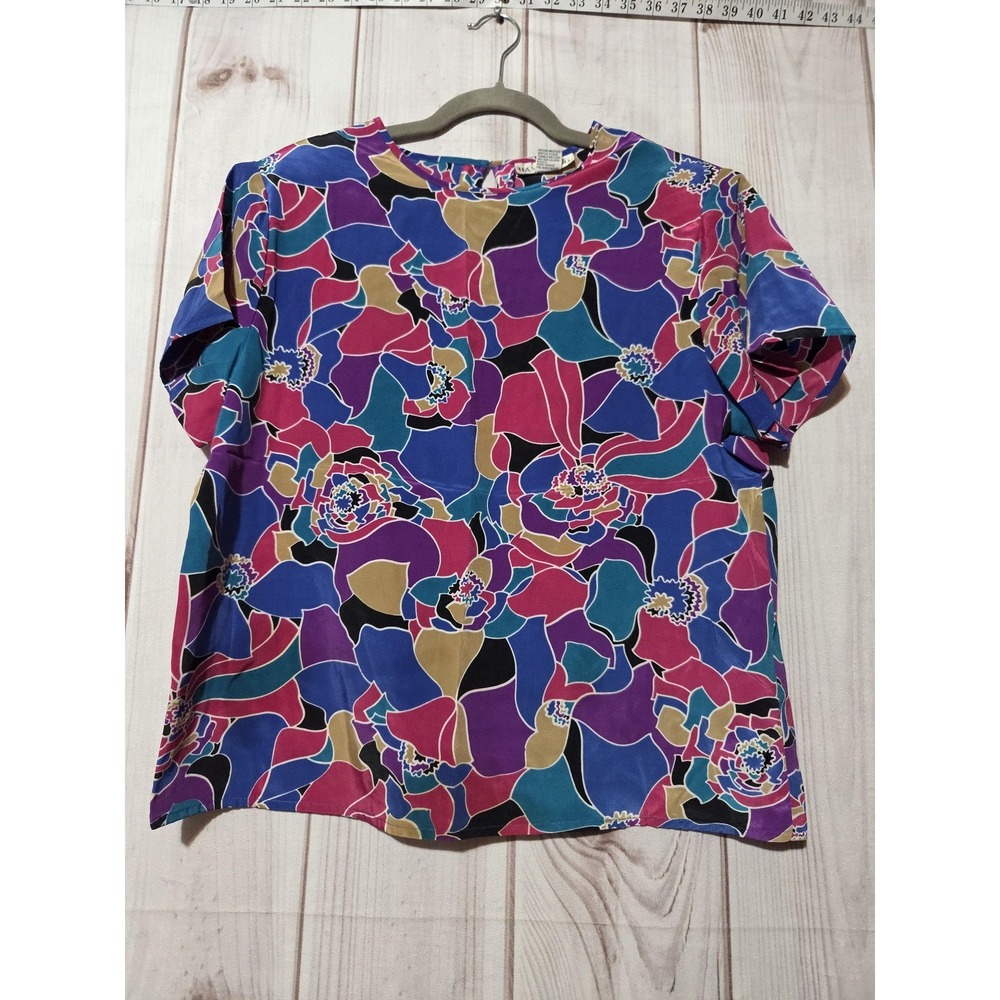 Hana Sung Blouse Womens Large Multicolor Floral Satin Short Sleeve Top Crew Neck